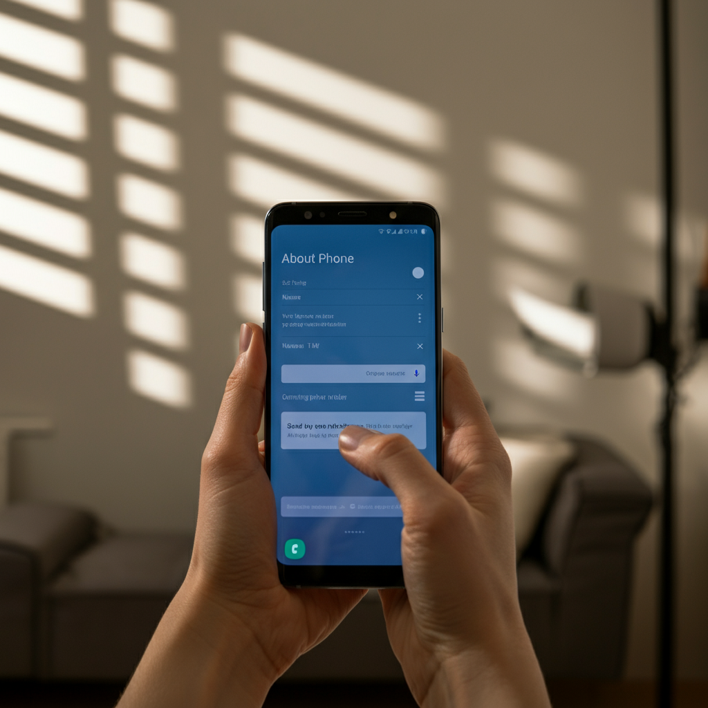 A person's hands holding a Samsung smartphone, with the screen displaying the "About Phone" section in the settings menu. Natural light floods the room, creating a bright and airy atmosphere.