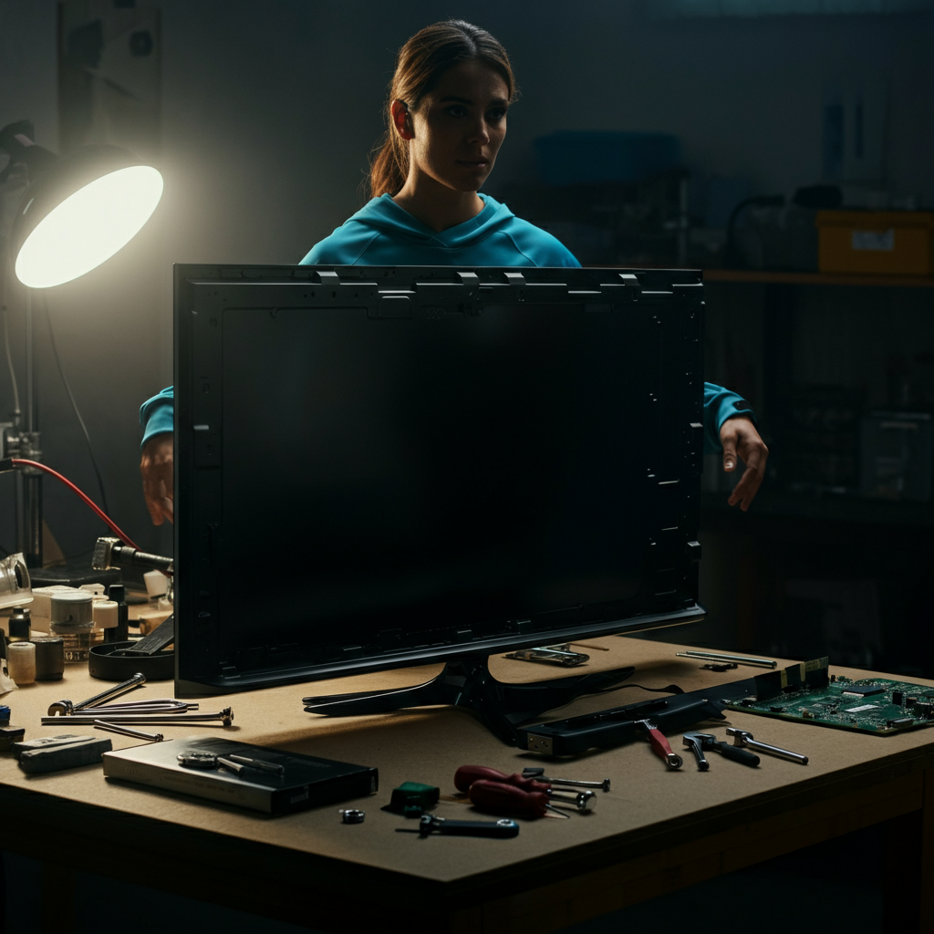 A brightly lit studio showcasing a disassembled Samsung TV. Internal components are neatly arranged on a workbench, with various tools scattered around. Soft focus background.