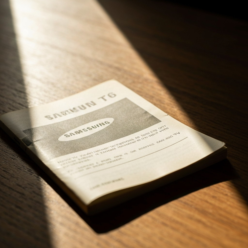 Close-up of a faded instruction manual for an older Samsung TV. The manual lies on a wooden table, bathed in warm, diffused sunlight. The paper texture is slightly yellowed with age.