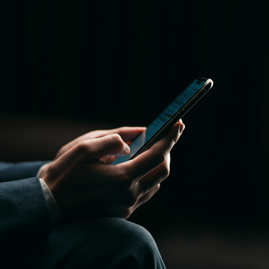 A close-up shot of a hand holding a smartphone. The screen is slightly blurred, suggesting a message is being read. Soft, diffused light illuminates the hand and phone, creating a calm and contemplative atmosphere.