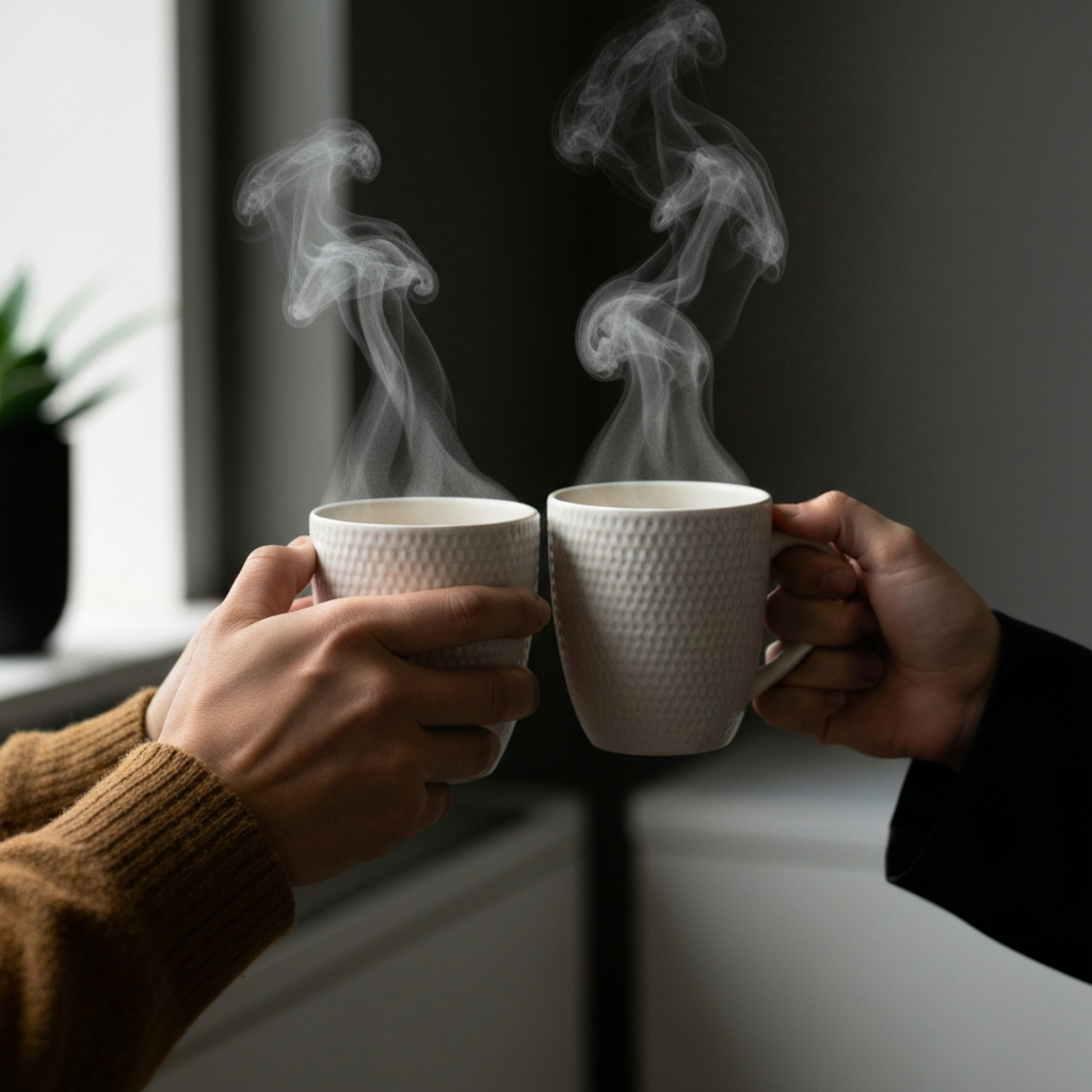 A side-lit shot of two hands holding coffee mugs. The mugs are textured ceramic, and the light highlights the steam rising from them. The hands are close together, suggesting a shared moment of support.