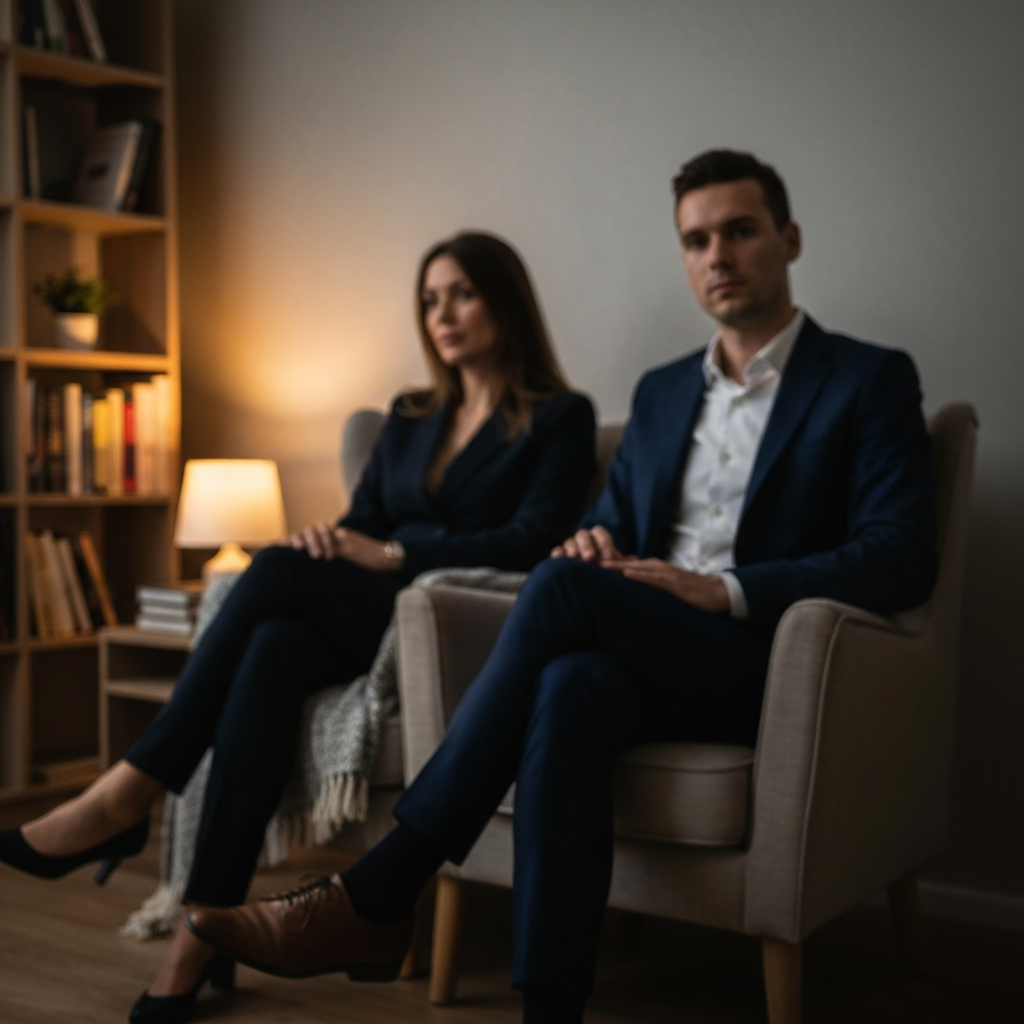 A slightly out-of-focus shot of a cozy living room with soft lighting. A throw blanket is draped over a comfortable armchair, and a small lamp casts a warm glow on a nearby bookshelf.