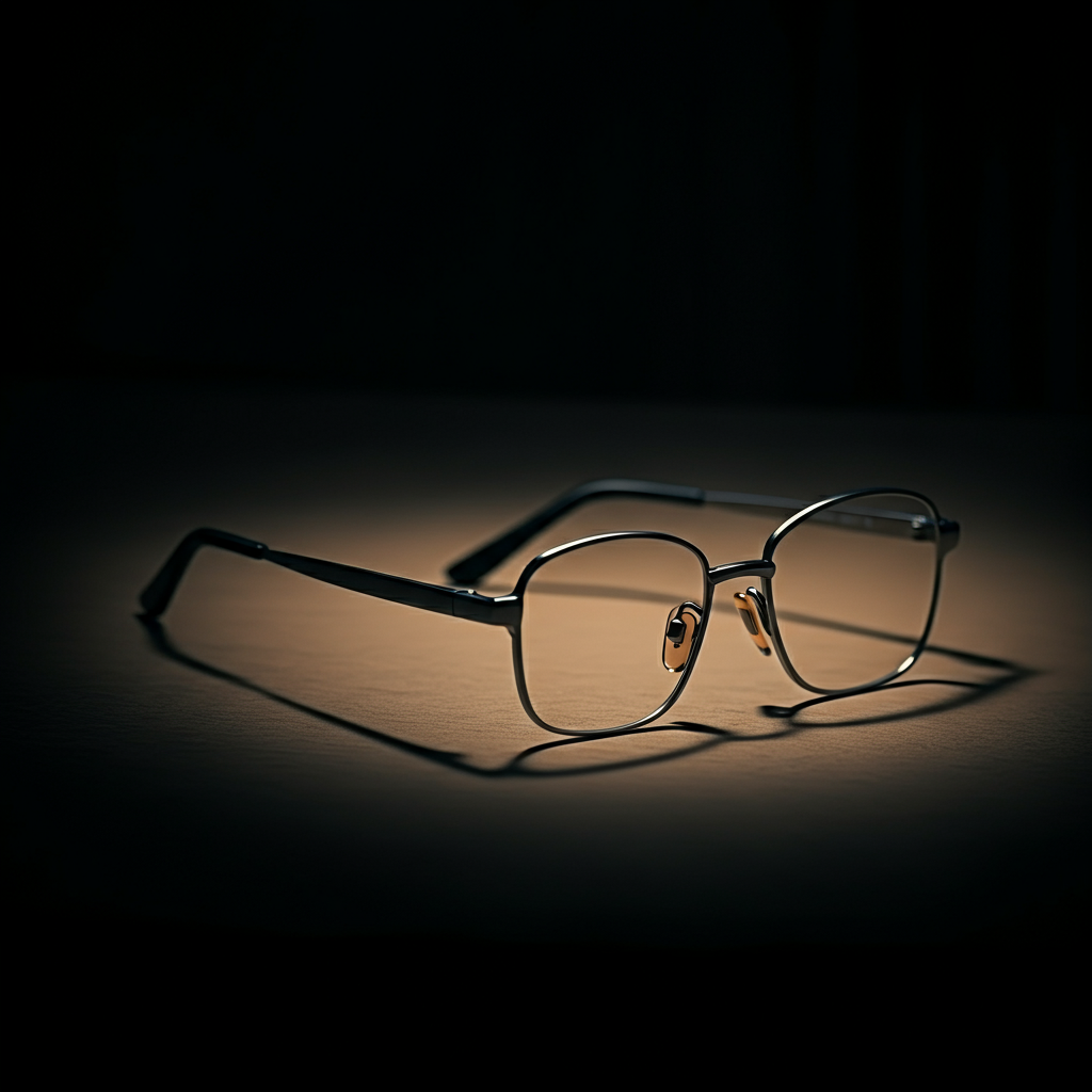 A close-up of a pair of eyeglasses resting on a table. The lenses reflect the ambient light, creating a subtle and intellectual atmosphere.