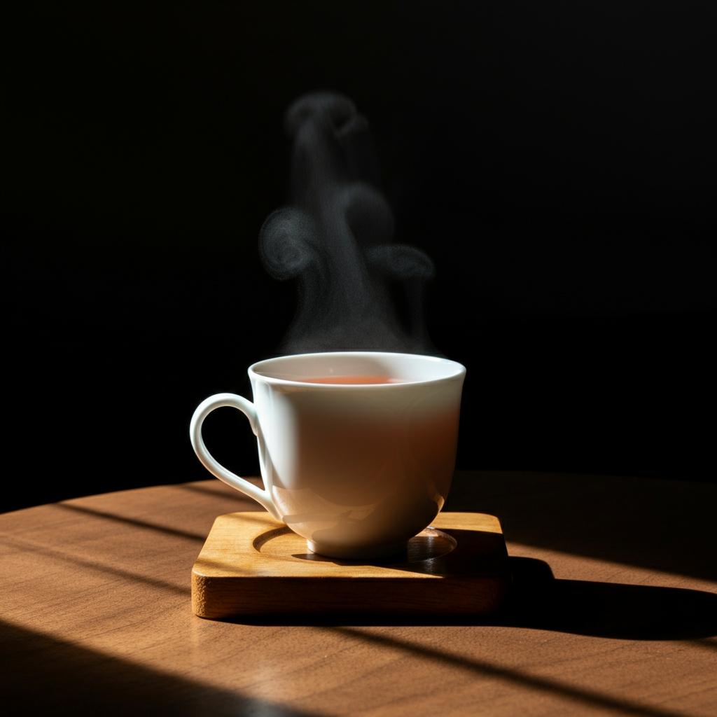 A shot of a steaming cup of herbal tea on a wooden coaster. Soft, natural light highlights the delicate details of the teacup and the subtle textures of the wood.