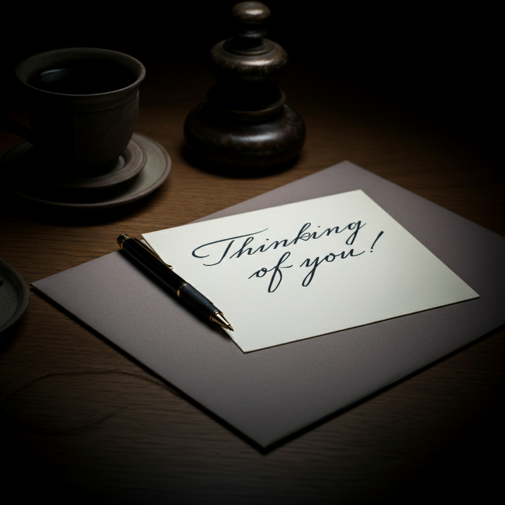 A photograph of a handwritten note on a desk. The note reads "Thinking of you" in elegant cursive. The photograph has a soft, vintage feel.