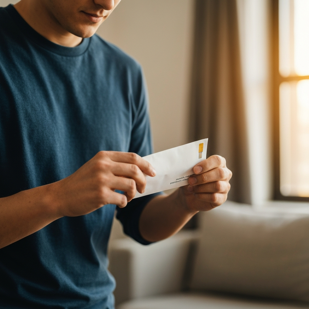 A young adult carefully opening a newly arrived credit card envelope. The background is blurred, suggesting a comfortable home environment. Soft, natural lighting.