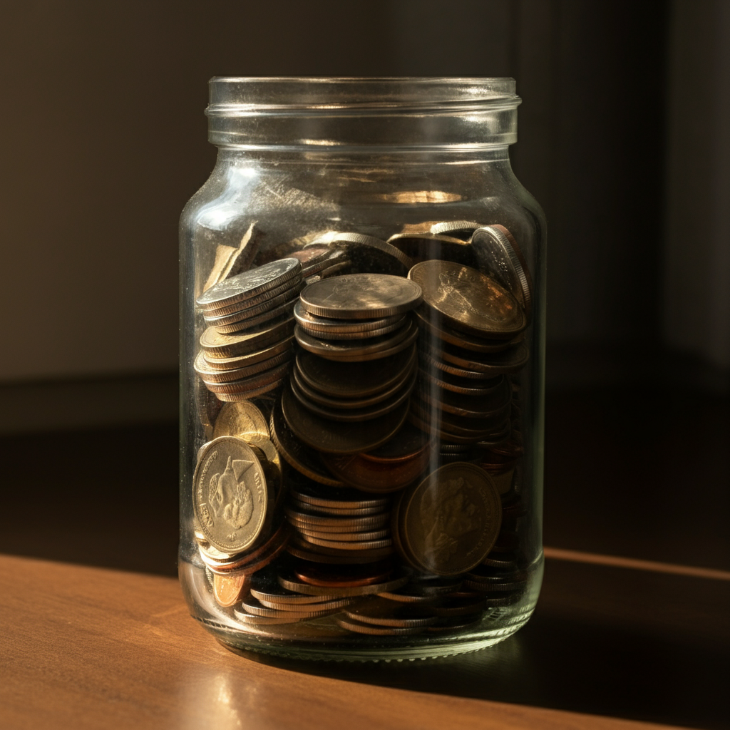 A clear glass jar filled with coins and dollar bills, sitting on a wooden table. Sunlight streams in from a nearby window, highlighting the texture of the coins.