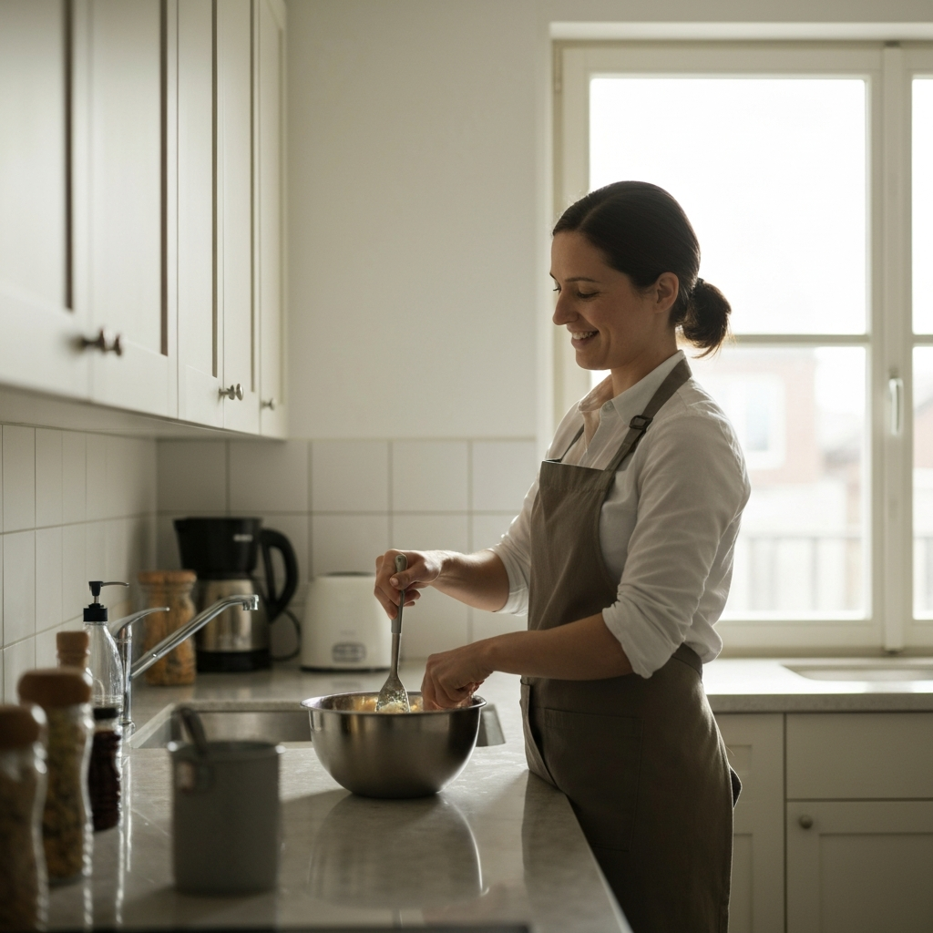 A person in a kitchen, wearing an apron and smiling while stirring ingredients in a stainless steel bowl. The kitchen is tidy and well-lit with natural light coming through the window.