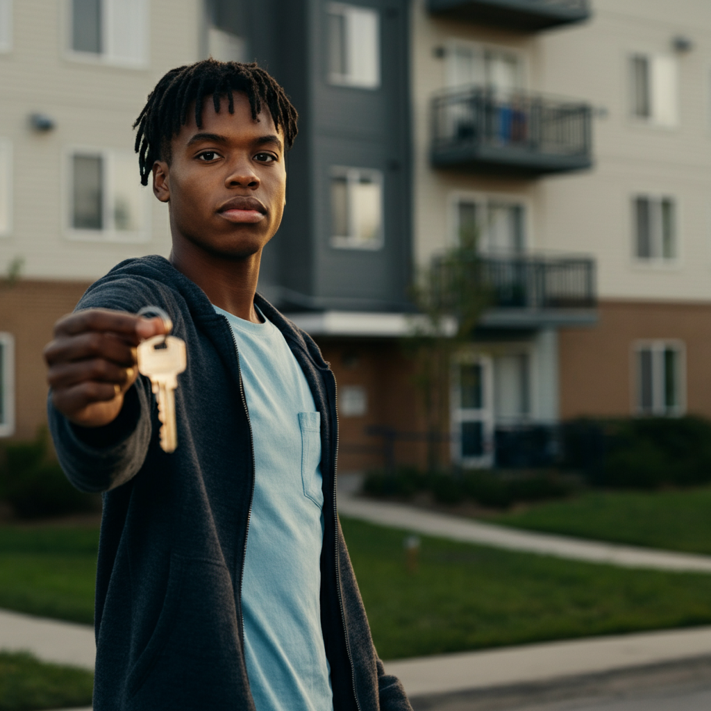A young adult holding a set of keys, standing in front of an apartment building. The building exterior is clean and well-maintained. Golden hour lighting provides a warm and inviting atmosphere.