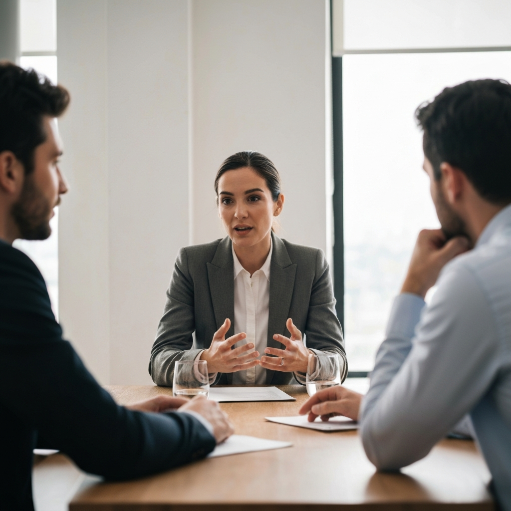 A well-lit office meeting. A woman in a blazer is speaking, gesturing with her hands. Across the table, two colleagues are nodding attentively, their postures slightly inclined towards her. Soft, diffused light filters through the window, highlighting the textures of the wooden table.