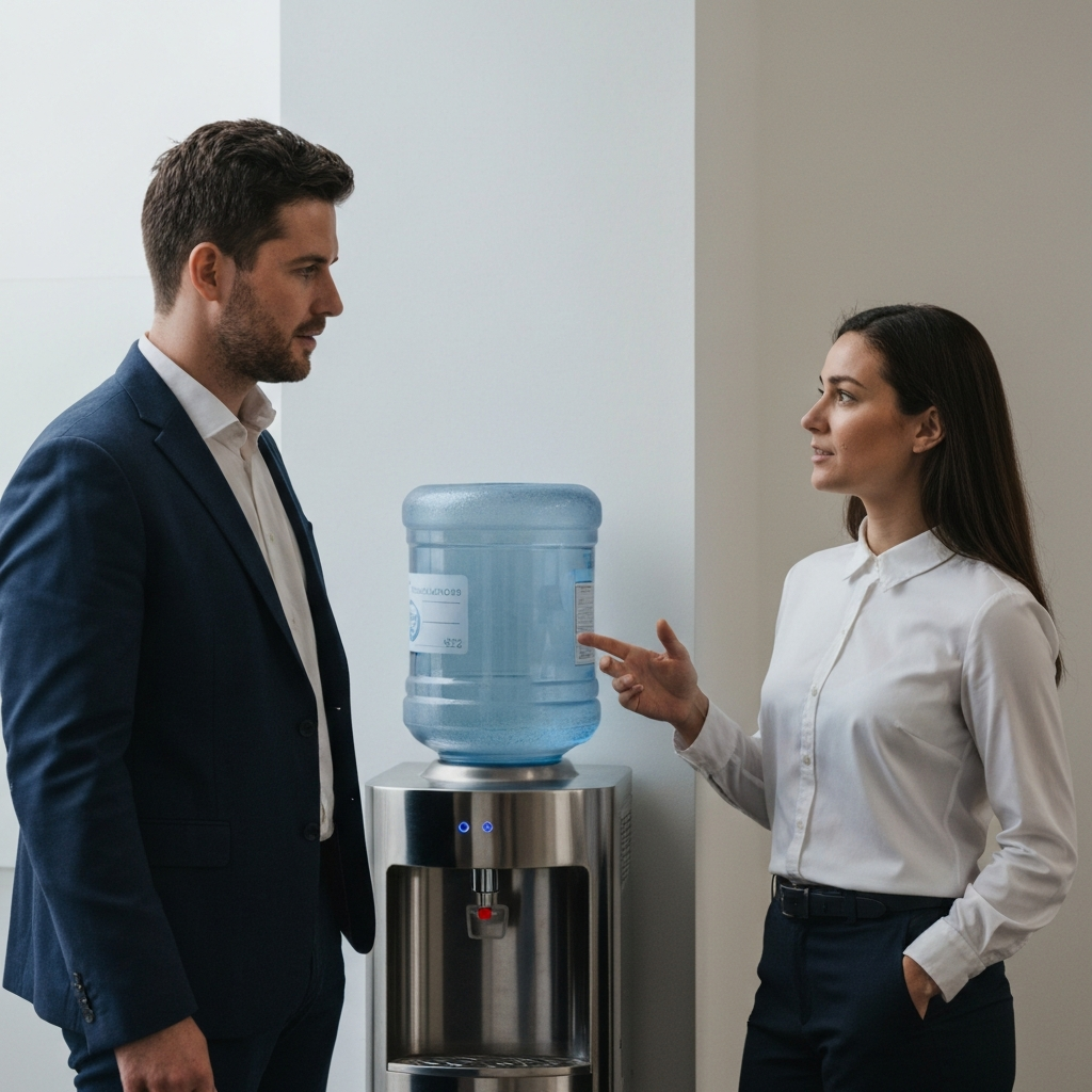 Two coworkers standing near a water cooler, deeply engaged in a conversation. The lighting is soft and even, casting a gentle glow on their faces. One coworker listens with direct eye contact, while the speaker maintains a relaxed posture, his expression thoughtful. Subtle reflections on the stainless steel cooler.