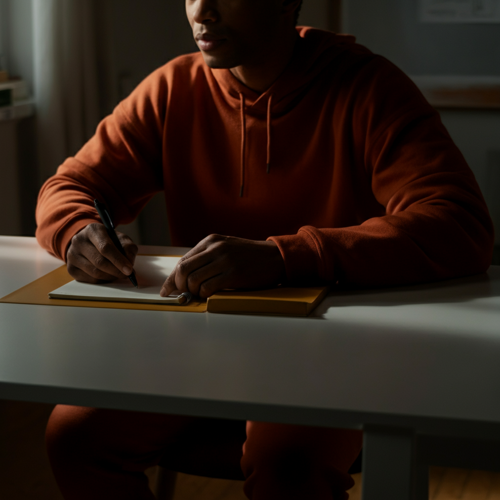 A person sitting at a clean desk in a quiet office space. The desk contains a notepad, a pen, and a closed laptop. The room is bathed in natural light. The person is focused intently on someone outside of the frame.