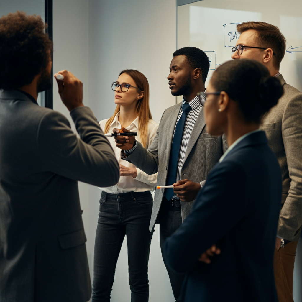 A diverse team of professionals brainstorming around a whiteboard in a brightly lit conference room. Some are standing, others seated. Their expressions are thoughtful and engaged, listening intently as one team member gestures enthusiastically towards the board. The texture of the whiteboard is subtly visible under the fluorescent lights.
