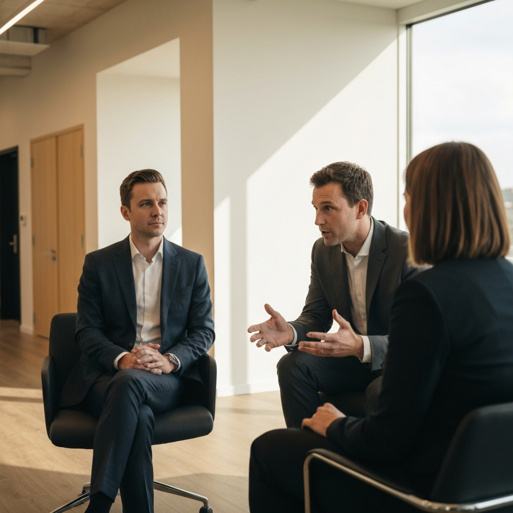 Two professionals in a modern office, one sitting across from the other. The listener has their hands folded calmly in their lap, looking attentively at the speaker, who is leaning forward slightly, gesturing with their hands. The scene is lit with warm, inviting light.