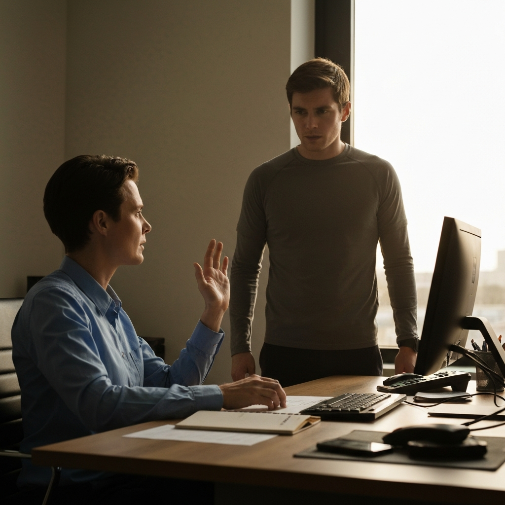 A supervisor sitting at their desk, leaning back slightly and listening attentively to an employee standing in front of the desk. The employee has a slightly concerned expression. Soft side lighting highlights the textures of the desk and the office equipment.