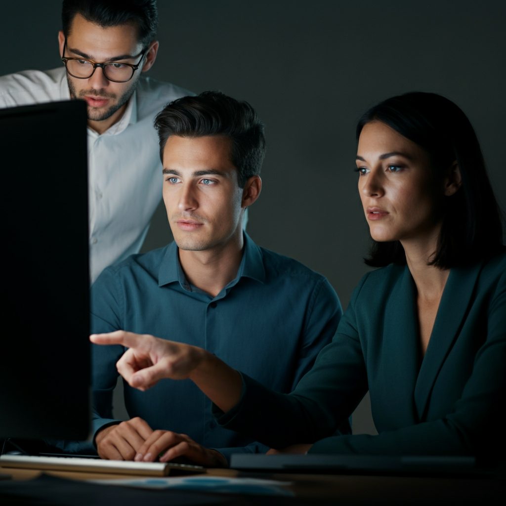 Three colleagues gathered around a computer screen, examining data. One colleague points at the screen while asking a question. The lighting is soft and focused on the screen, creating a sense of collaboration and problem-solving.