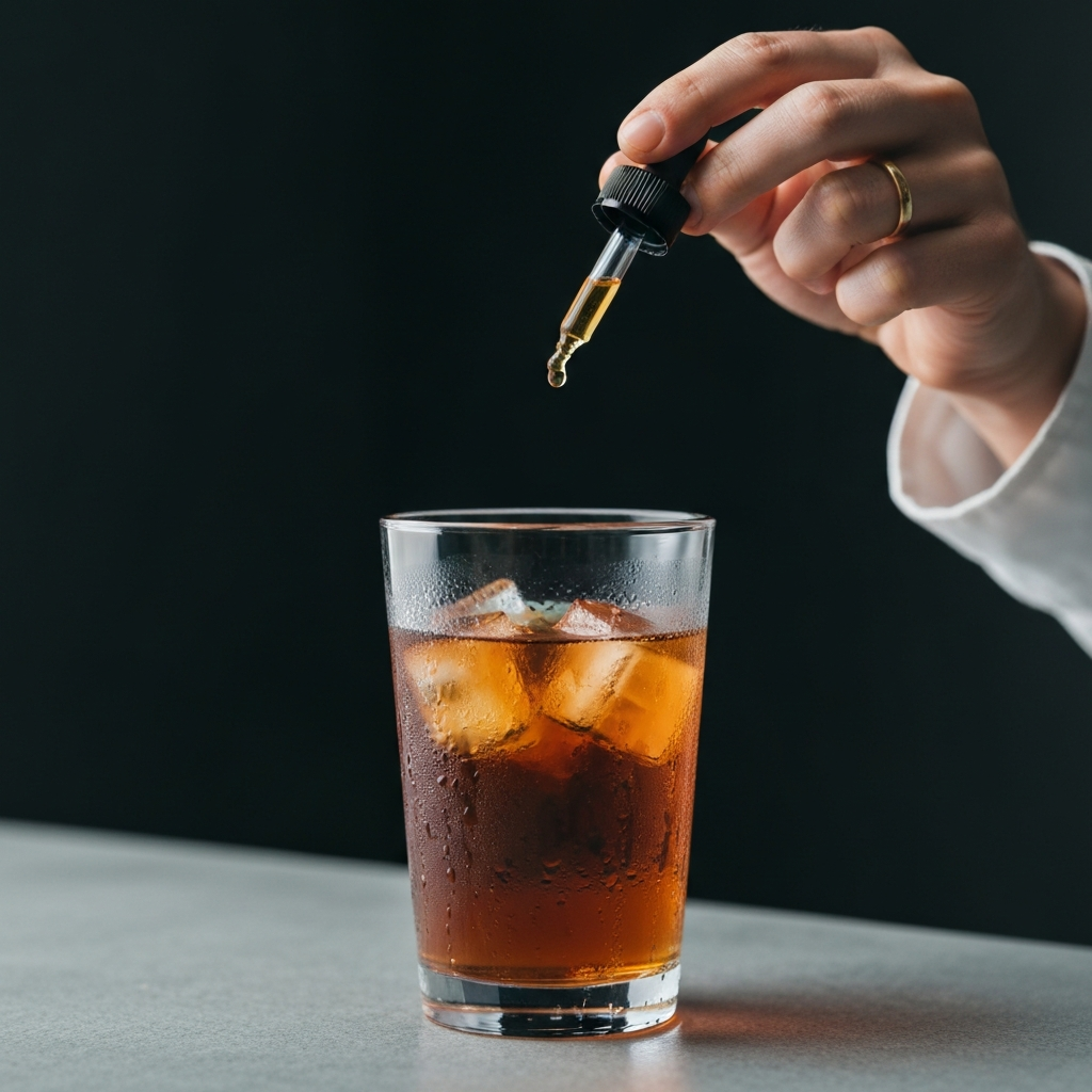 Close-up shot of a glass of iced tea with a hand adding a drop of liquid stevia from a small dropper bottle. Soft, diffused lighting highlights the condensation on the glass.