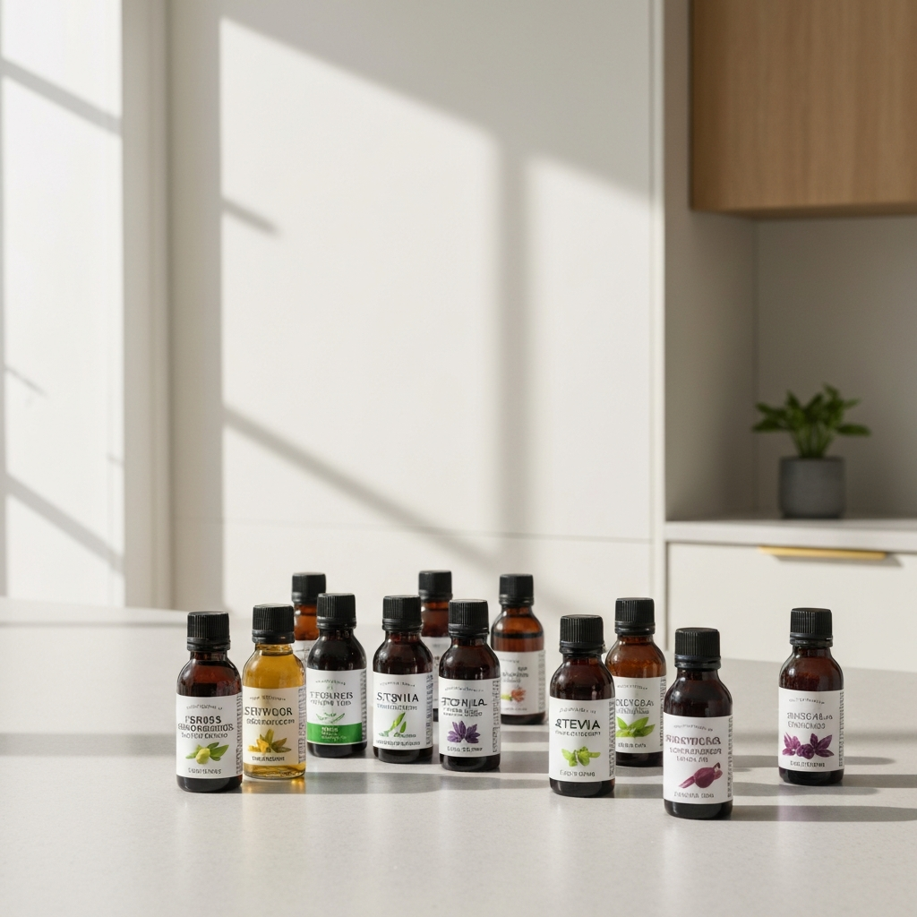 A variety of small bottles of flavored stevia drops arranged on a kitchen countertop. The lighting is bright and natural, emphasizing the different colors of the liquids inside.