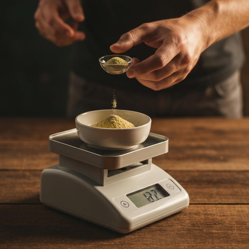 A kitchen scale with a small bowl of stevia extract powder being carefully measured. Soft focus on the background creates depth of field.