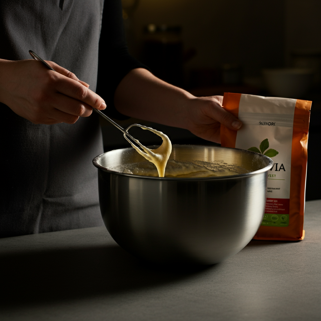A professional baker's hands carefully mixing batter in a stainless steel bowl, with a bag of stevia extract powder nearby. Warm, golden hour lighting creates a cozy atmosphere.