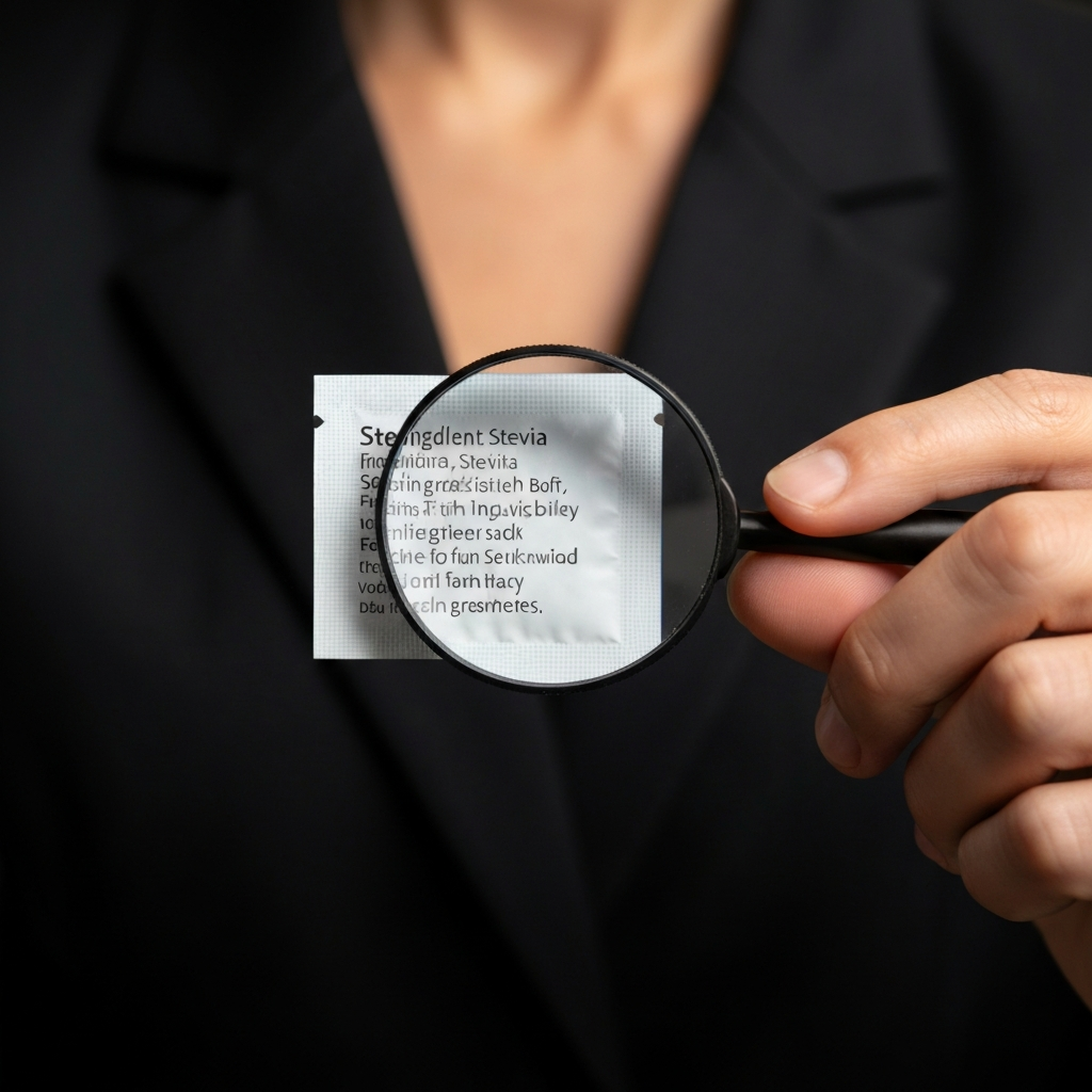 A close-up of a hand holding a stevia packet, with a magnifying glass highlighting the ingredient list on the back. Soft, diffused light ensures readability.