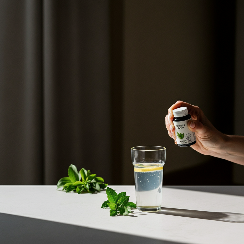 A person adding a squeeze of lemon juice to a glass of water containing stevia. The background is blurred, drawing attention to the interaction.