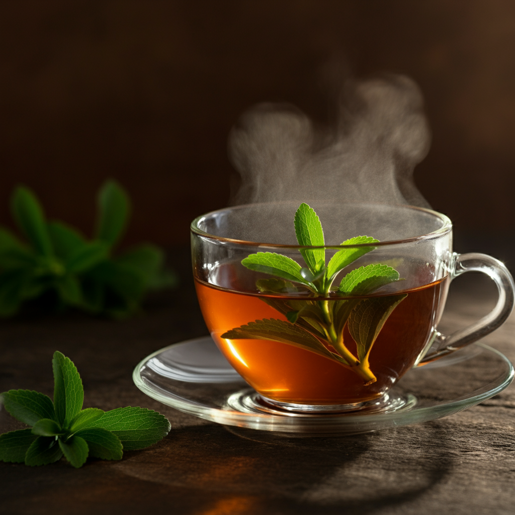 A close-up of a teacup with several fresh stevia leaves steeping inside. Natural light streams in from a nearby window, illuminating the steam rising from the tea.