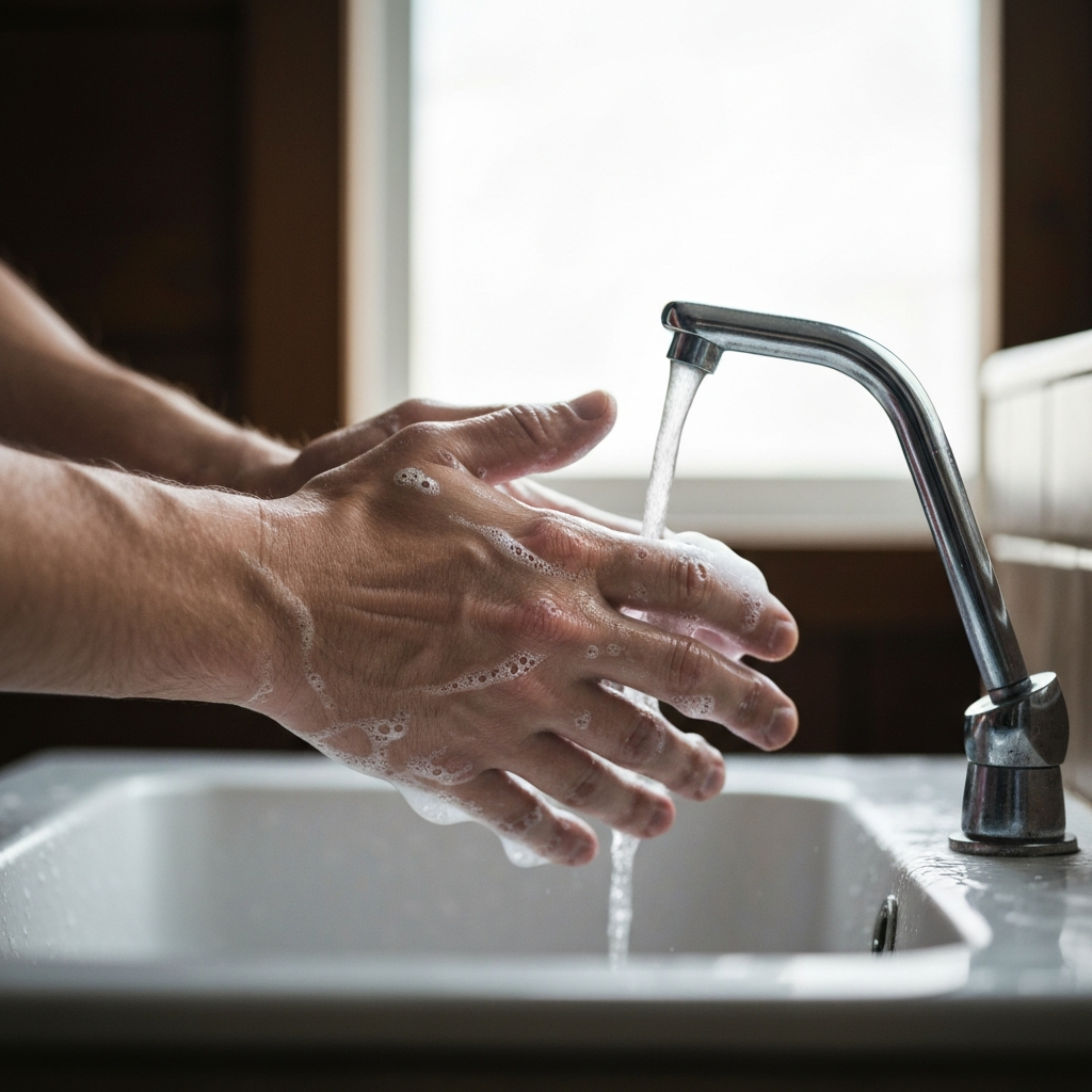 Close-up shot of a man's hands washing under a softly running tap. Focus on the lather of the soap and the texture of the skin. Natural light streaming in from a nearby window.