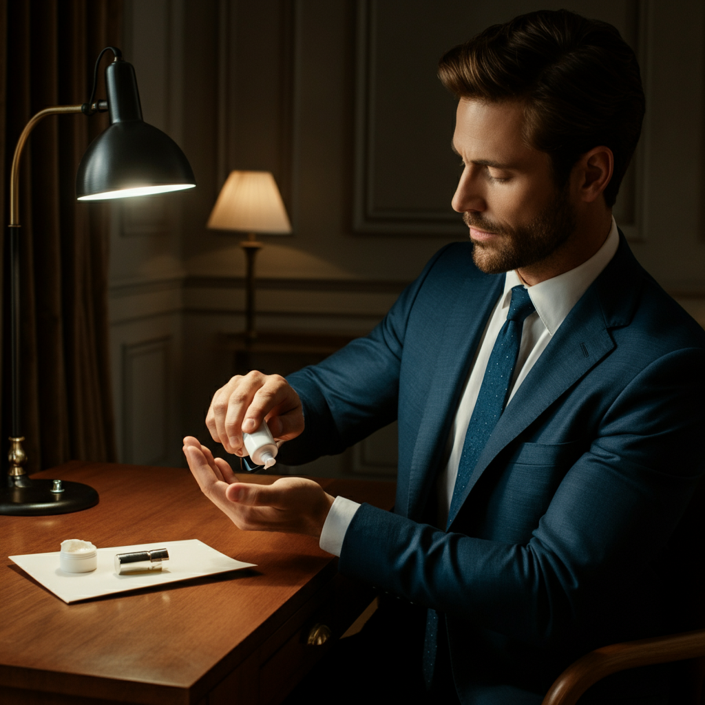 A well-groomed man in a study, sitting at a wooden desk. He is applying lotion to his hands from a sleek, minimalist tube. Soft, diffused light from a desk lamp illuminates his hands.