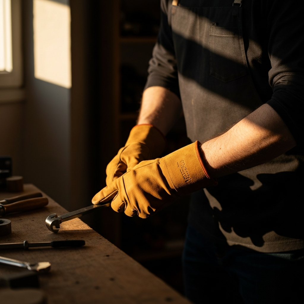 A man wearing leather work gloves is using tools in a sunlit workshop. Golden hour lighting casts long shadows, and the focus is on his gloved hands and the tools.