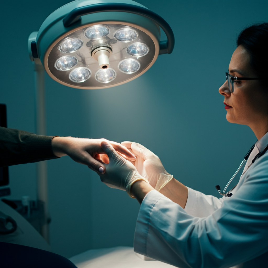 A doctor examining a patient's hands under a bright examination light. The focus is on the doctor's gloved hands gently touching the patient's skin. The environment is a clean and professional medical office.
