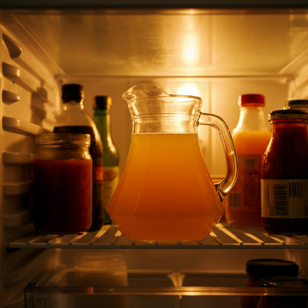 A refrigerator interior, softly illuminated. A clear pitcher filled with a slightly viscous liquid is placed on a shelf. Other food items are subtly blurred in the background to keep focus on the pitcher.