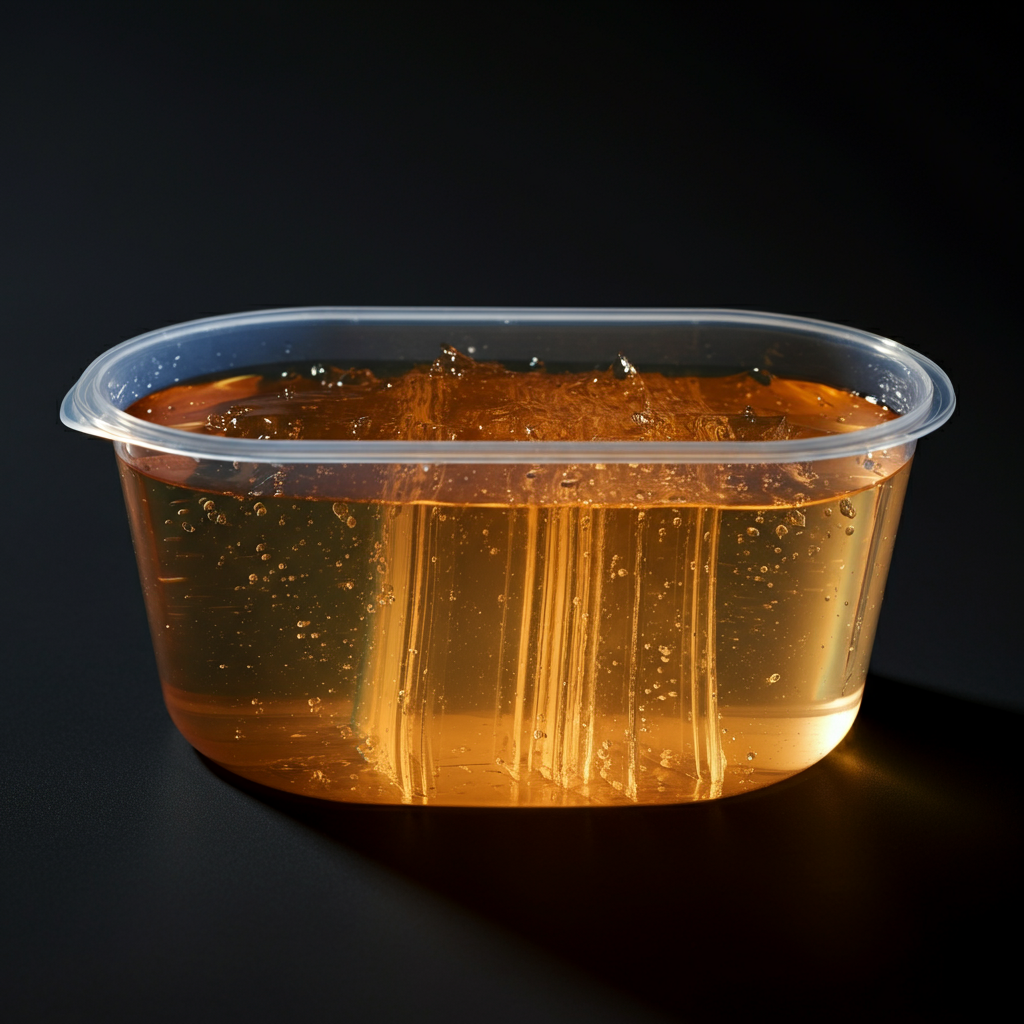 A clear plastic tub filled with a clear, gelatinous liquid. The lighting is from above, casting a gentle reflection on the surface. The edges of the tub are sharp and defined.
