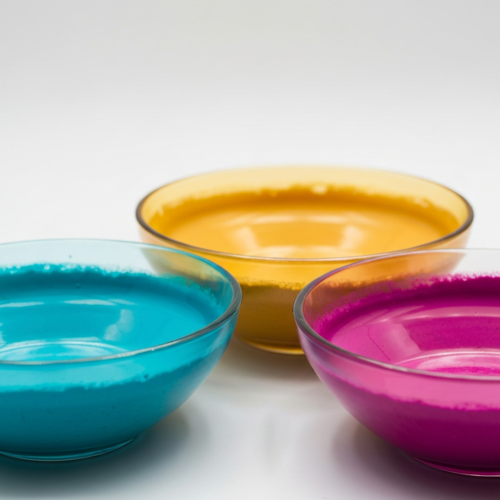 Three small glass bowls, each containing a different shade of acrylic paint (e.g., turquoise, gold, and magenta). A fine art brush rests in one of the bowls. Soft, directional light emphasizes the texture of the paint and the translucent quality of the glass.