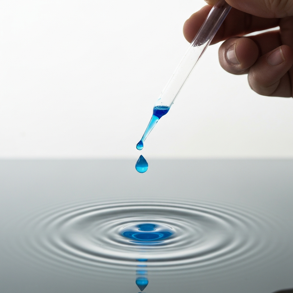 A steady hand holding a glass pipette, releasing a single drop of vibrant blue paint onto the surface of a clear liquid. The lighting is focused on the point of contact, highlighting the round shape of the paint drop and the subtle ripples it creates on the surface.