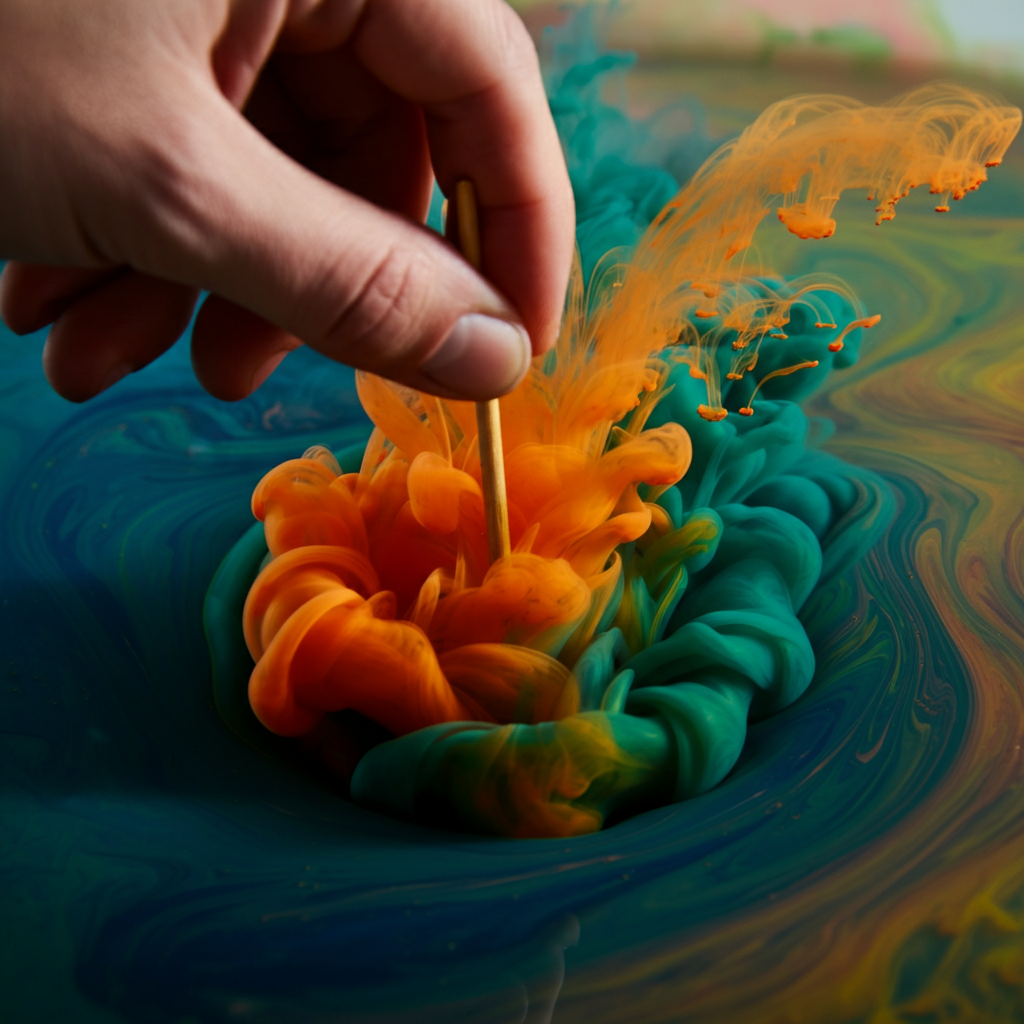 Overhead shot of a hand using a wooden skewer to create swirling patterns in the colorful paint floating on a clear liquid surface. The lighting is bright and even, showcasing the intricate details of the paint swirls.