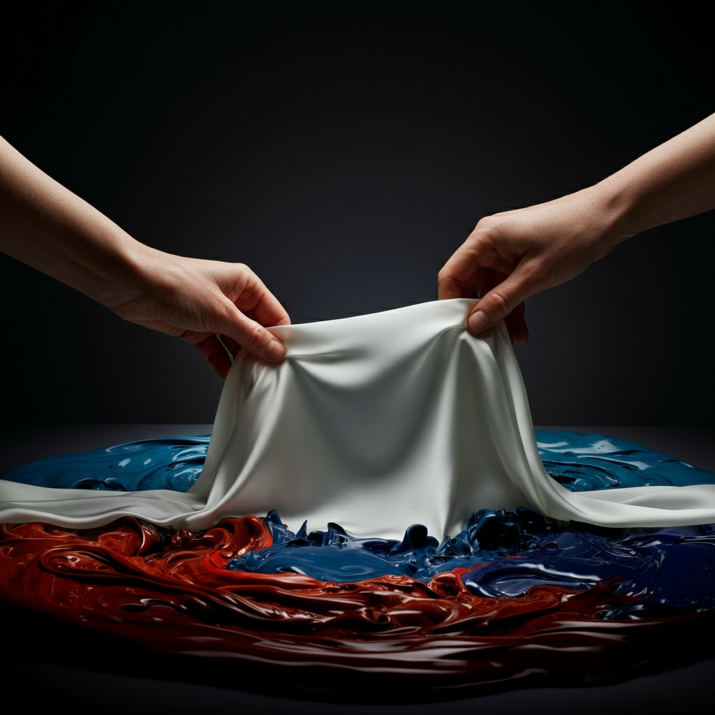 Two hands gently lowering a piece of white silk fabric onto a surface of swirling colored paint. The lighting is soft and diffused, creating a sense of calm and precision.