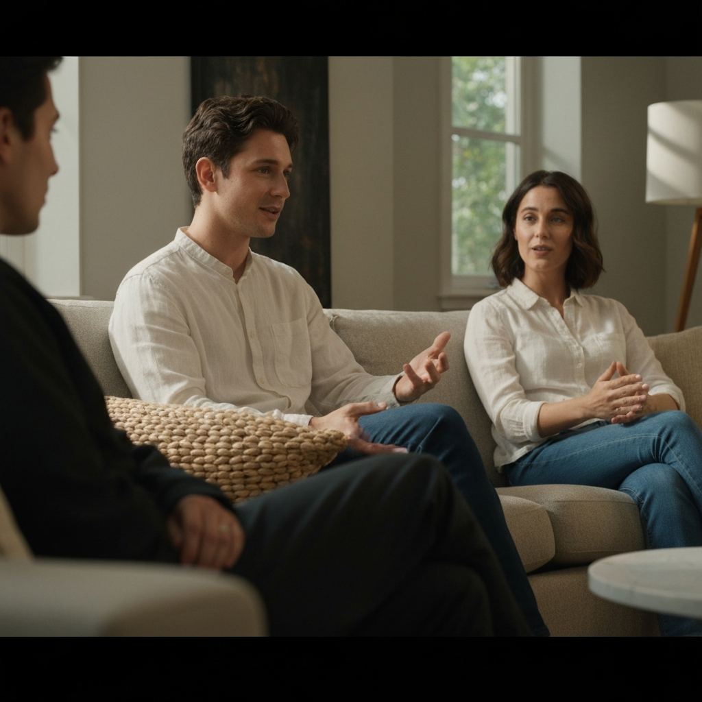 A sun-drenched living room. Two friends sit on a plush sofa, one listening attentively with a gentle expression, the other speaking calmly. Soft, natural light streams through the window, highlighting the textures of the woven cushions.