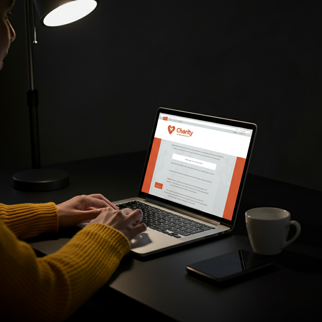 A well-lit office environment. A person is using a laptop, focused on a charity's website. The lighting is soft and diffused, highlighting the screen and the person's attentive expression. The desktop is clean and organized.
