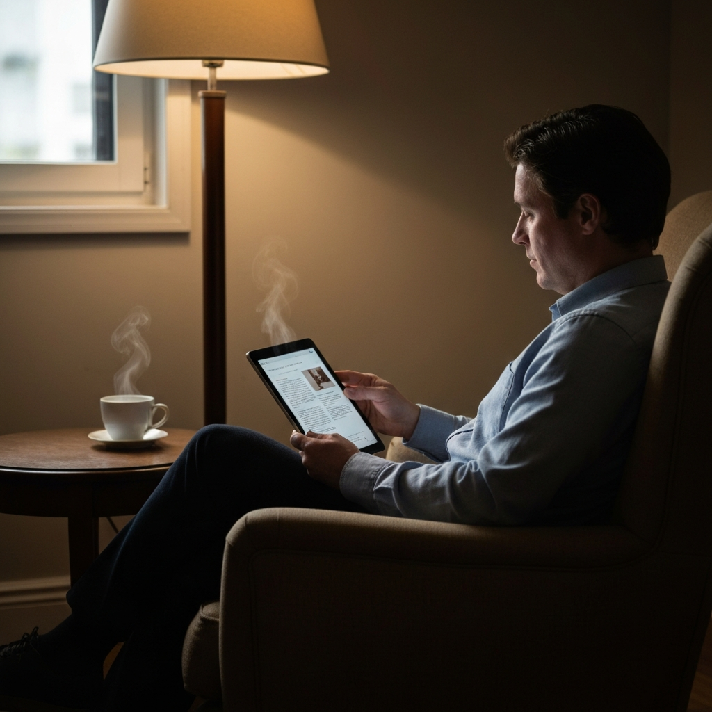 A cozy reading nook with soft lighting. A person is comfortably seated in an armchair, engrossed in reading an article on a tablet. A warm cup of tea sits on a nearby table, creating a sense of calm and relaxation.
