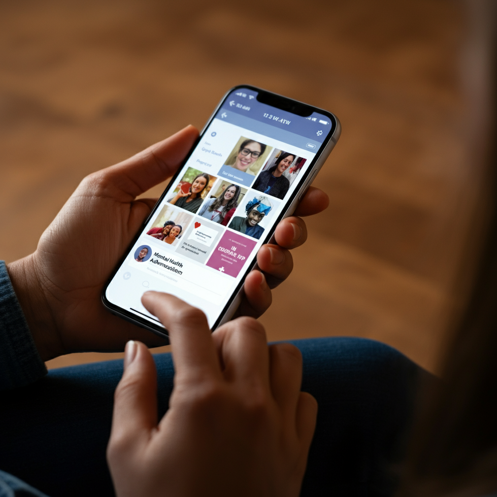 A person's hands holding a smartphone, scrolling through a social media feed filled with posts from mental health advocacy organizations. The screen is brightly lit, and the person's expression is focused and engaged.