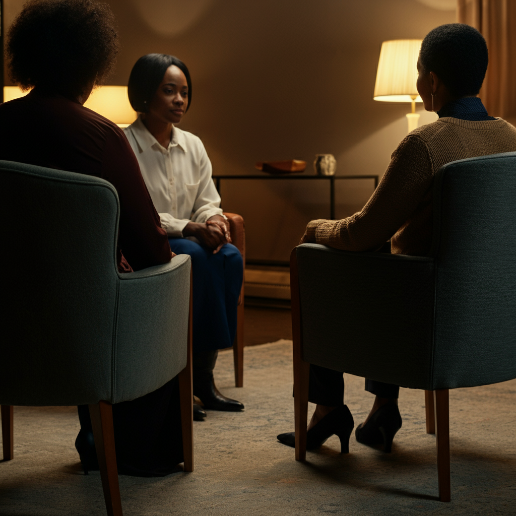 A warmly lit living room, arranged with comfortable chairs in a circle. Friends and family members are engaged in a heartfelt conversation, their expressions reflecting empathy and understanding. Soft music plays in the background.