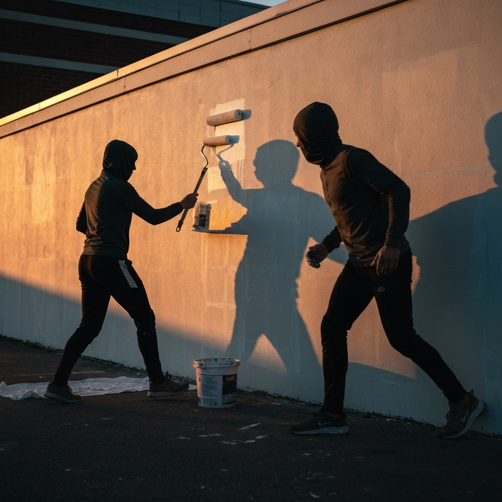 A mural in progress on a large outdoor wall, showing an artist carefully applying latex paint with a roller. The scene is captured during golden hour, with warm light casting long shadows.