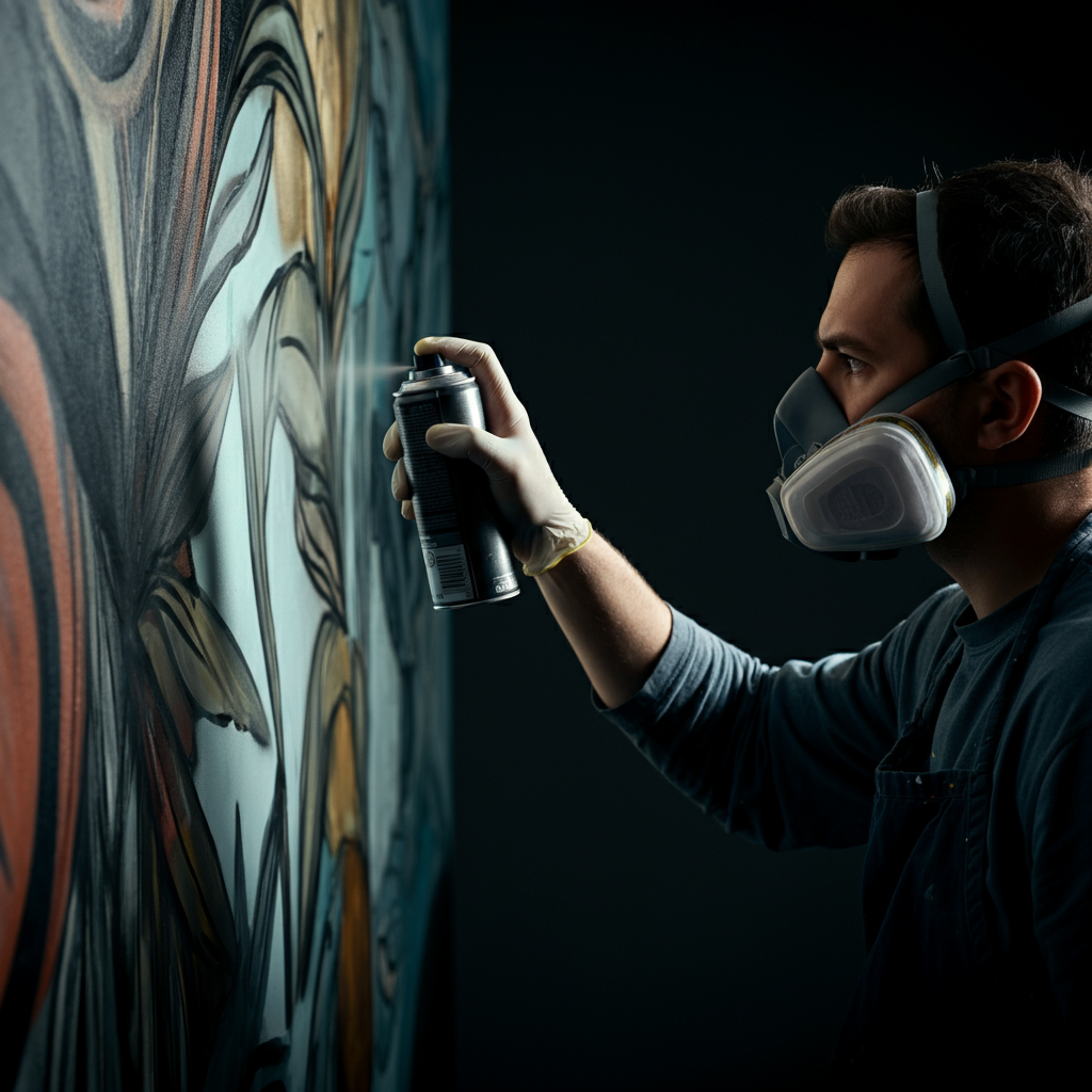 An artist wearing a respirator and gloves, carefully using spray paint to add details to a section of a mural on a canvas. The lighting is bright and even, highlighting the precision of the work.