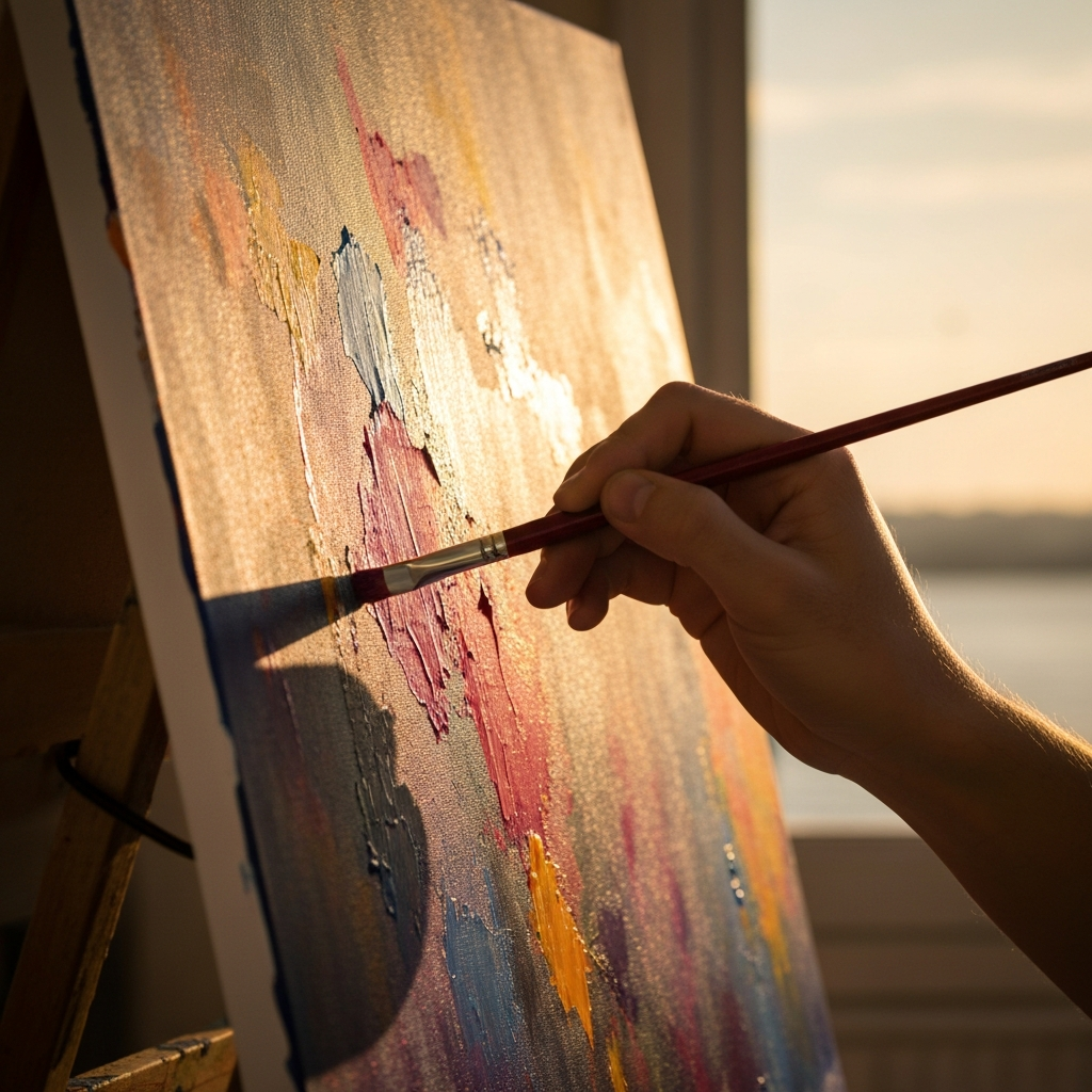 Close-up shot of a hand holding a paintbrush, applying vibrant colors to a canvas. The light is side-lit, accentuating the texture of the paint and the artist's focused expression.