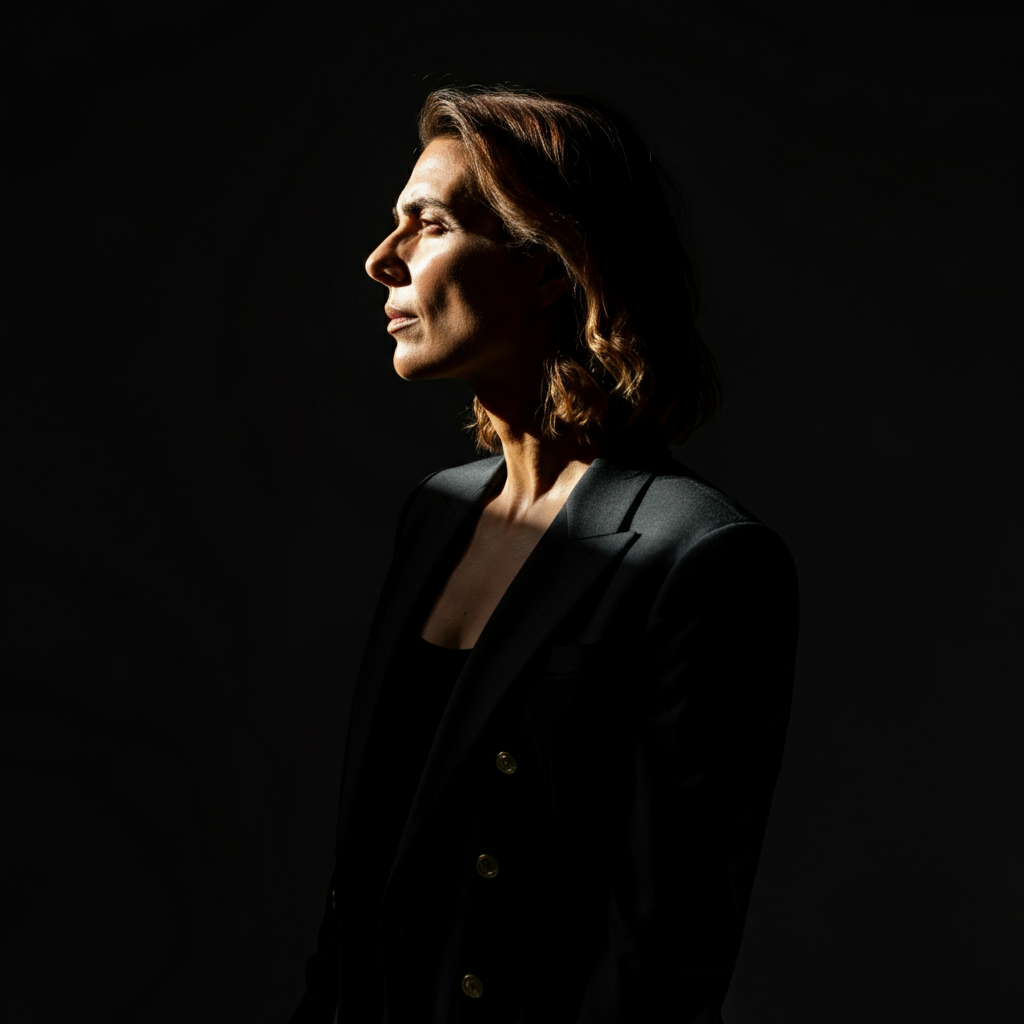 A person standing tall, shoulders back, gazing confidently into the distance. They are professionally dressed and bathed in natural sunlight, conveying a sense of strength and self-assurance.