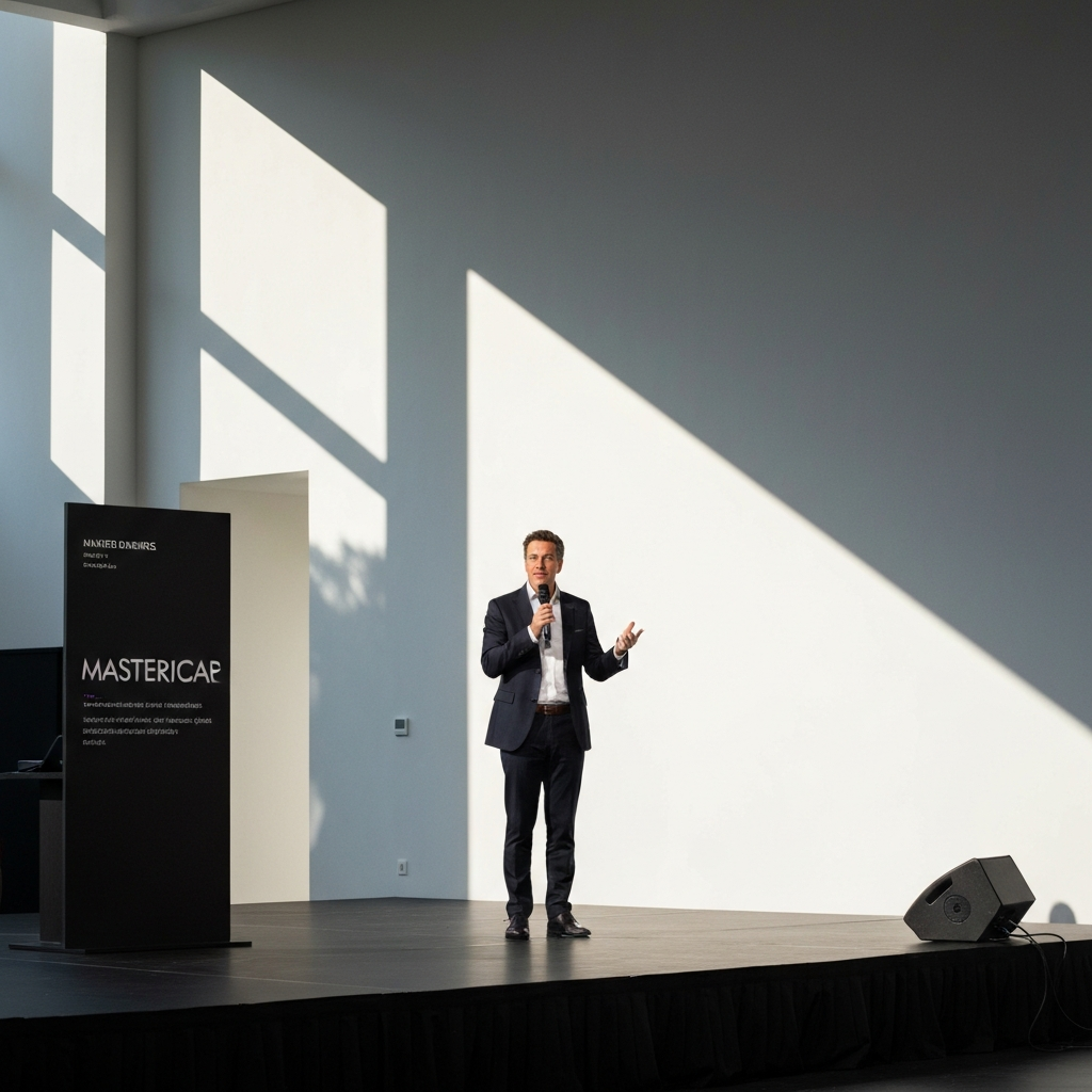 A person standing on a stage, speaking confidently into a microphone. The stage is well-lit, and the person is wearing professional attire, conveying a sense of authority and clear communication.