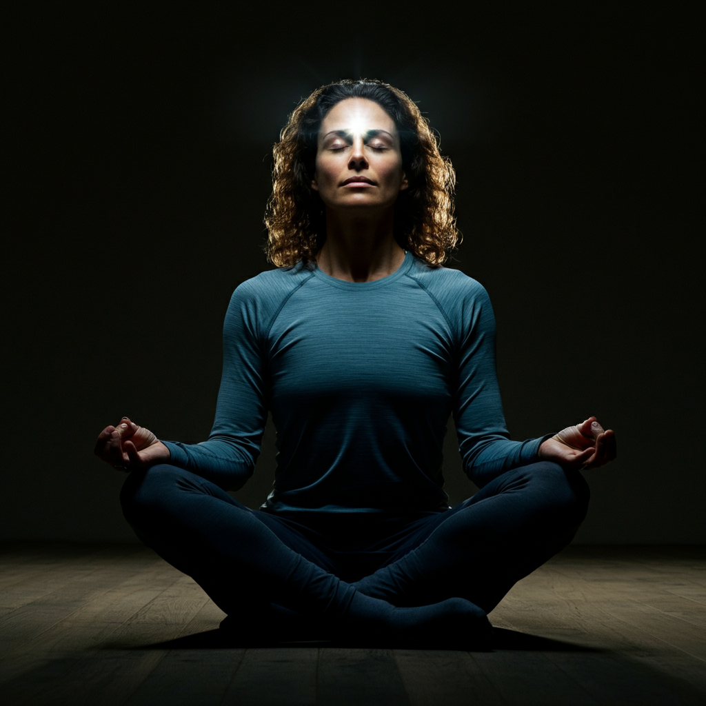A person sitting in a meditative posture, eyes closed, with a soft, ethereal glow emanating from their forehead. The lighting is muted, creating a sense of introspection and inner peace.