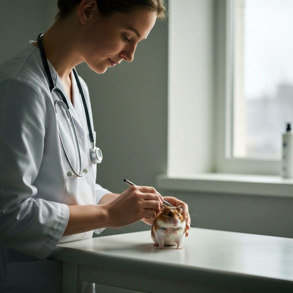 A veterinarian gently examining a hamster on an exam table, with soft natural light coming through a window and highlighting the textures of the vet's white coat.