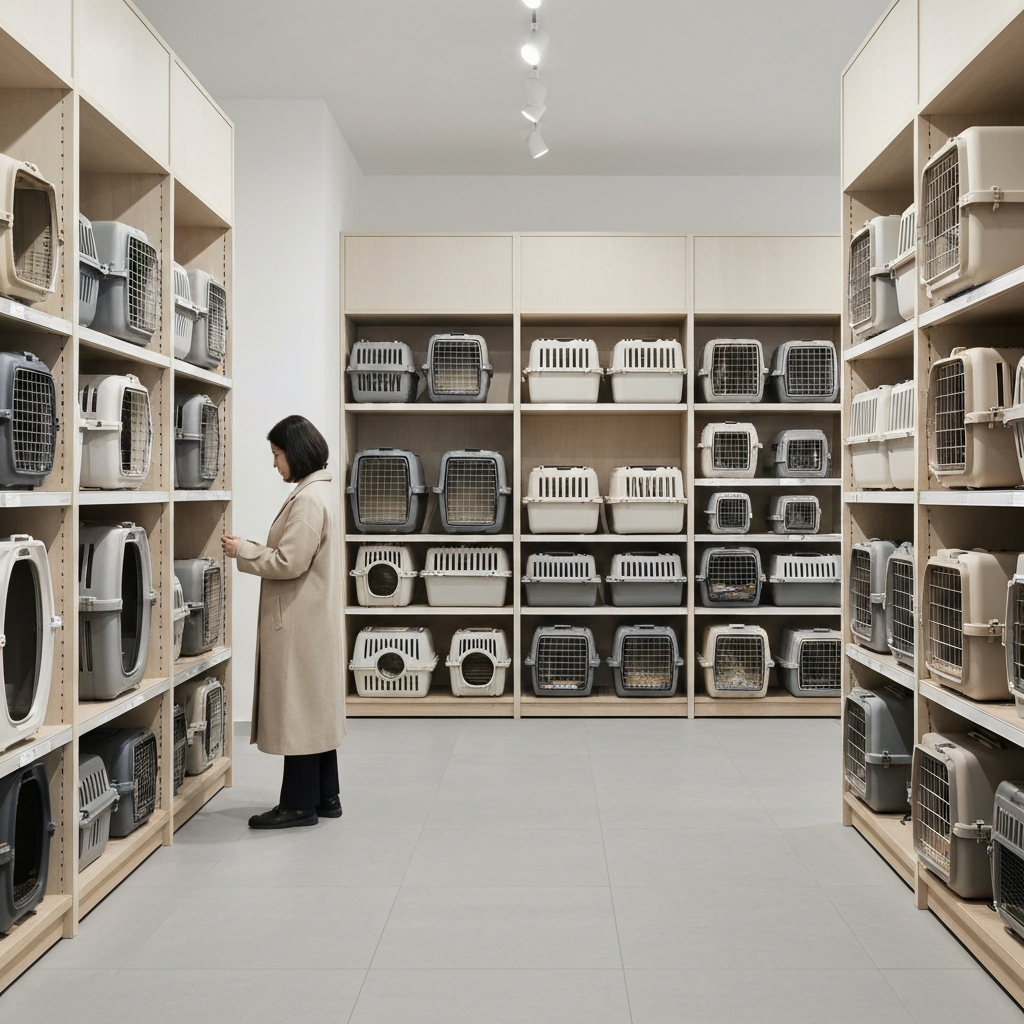 A brightly lit pet store aisle with various small animal carriers on display, showcasing different sizes, materials, and ventilation designs.